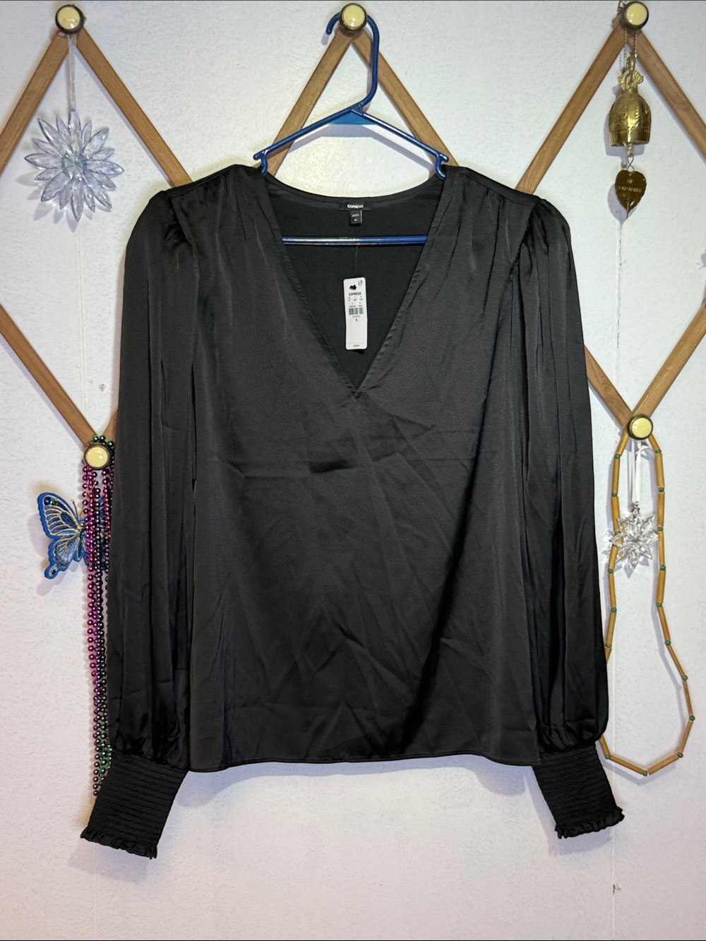 Express Black V-Neck Long Sleeve Blouse with Smocked Cuffs